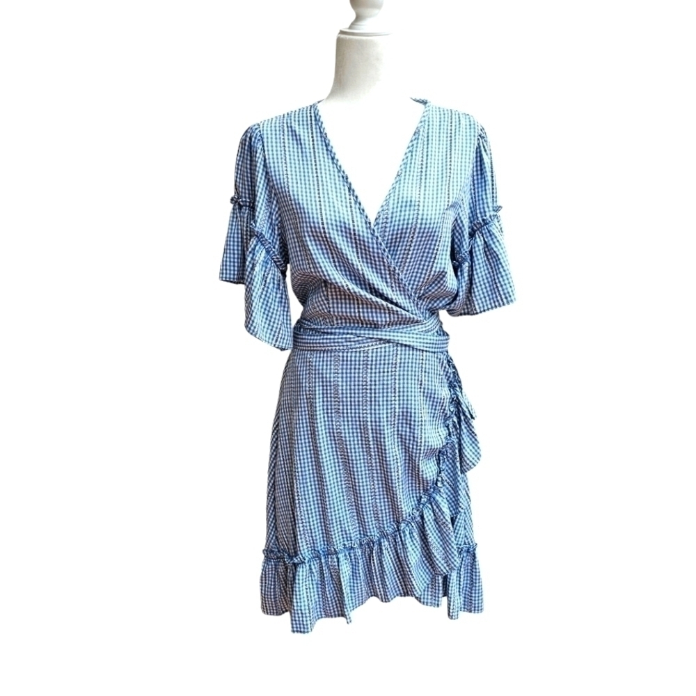 Max Studio Blue and White Gingham True Wrap Dress, Size Large